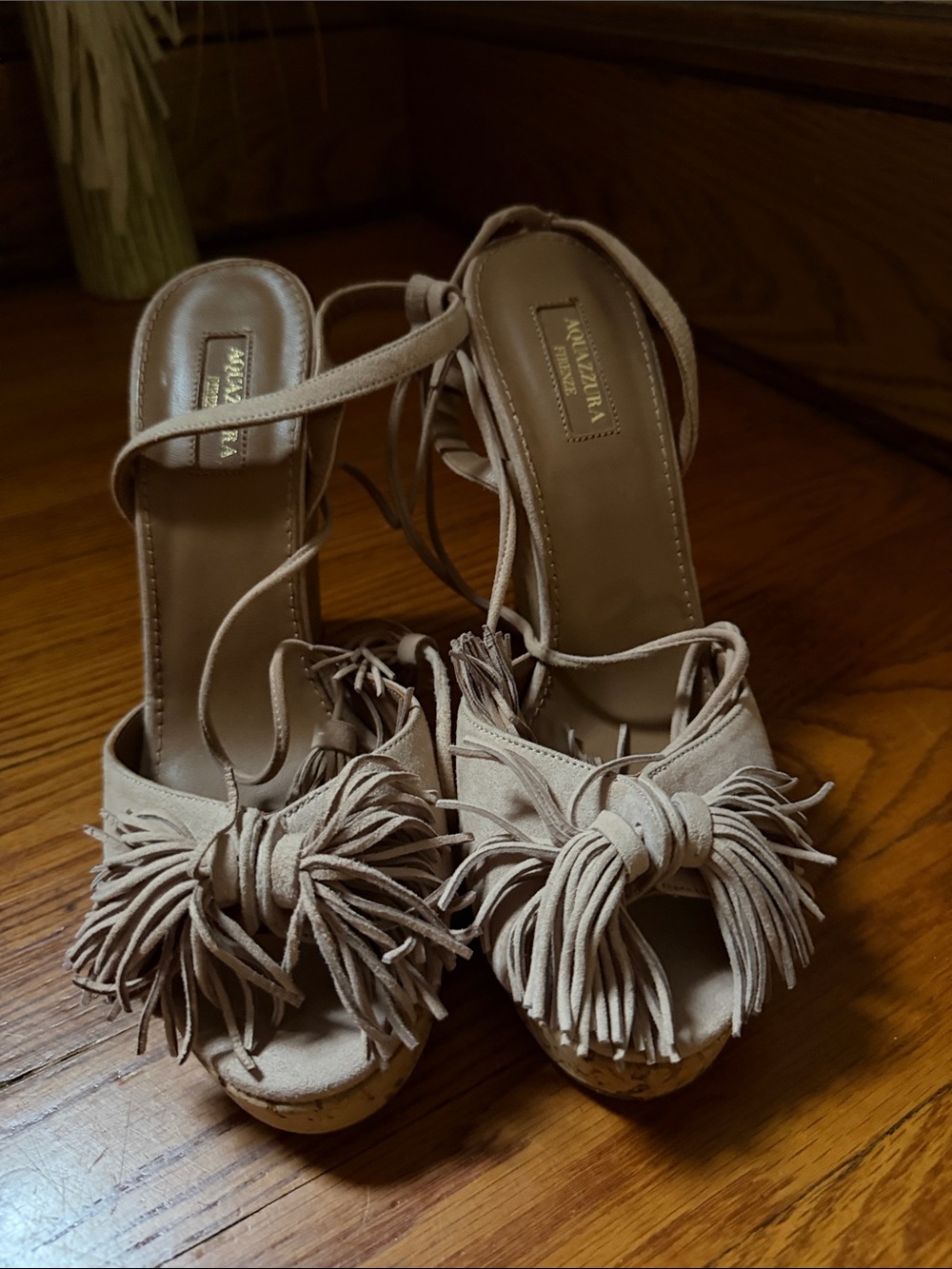 Aquazzura Nude Suede Fringe Platform Sandals